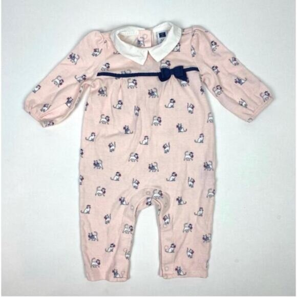 Janie and Jack Baby Girl Pink Cat Print Long Sleeve Romper With Navy Bow 3-6 Mon - Picture 2 of 7